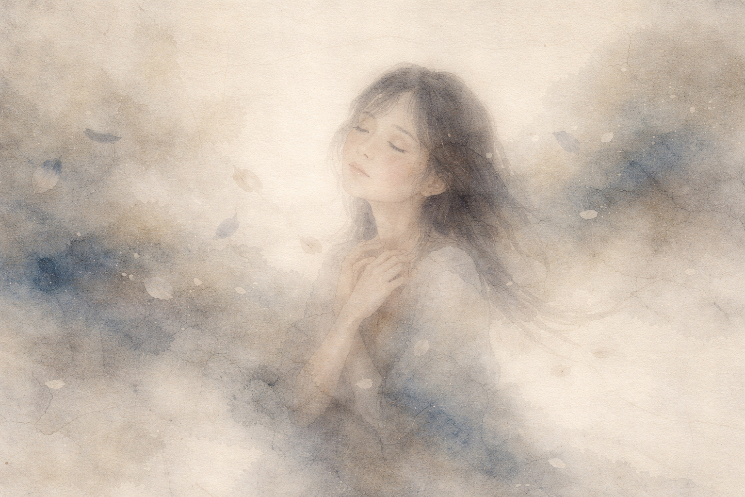 霧のような空間の中で、目を閉じて胸に手を当てる人物。舞い落ちる葉とともに、悲しみから逃げずに向き合う静かな受容と繊細な心の強さを表している。