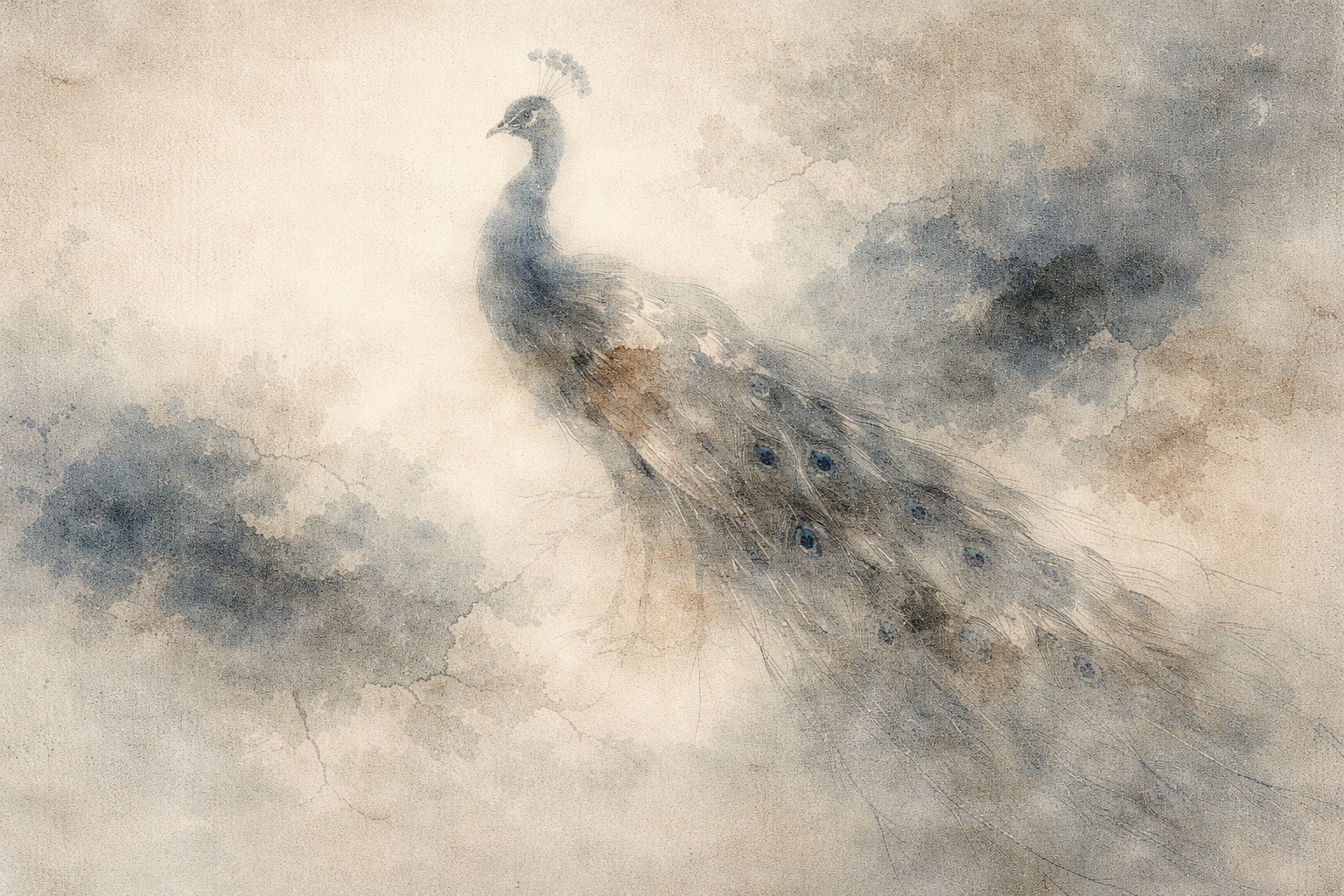 A soft watercolor-style illustration of a peacock standing gracefully amid drifting clouds, its long tail feathers gently fading into mist, symbolizing beauty, patience, and the gradual unfolding of practice for those beginning Buddhist chanting.