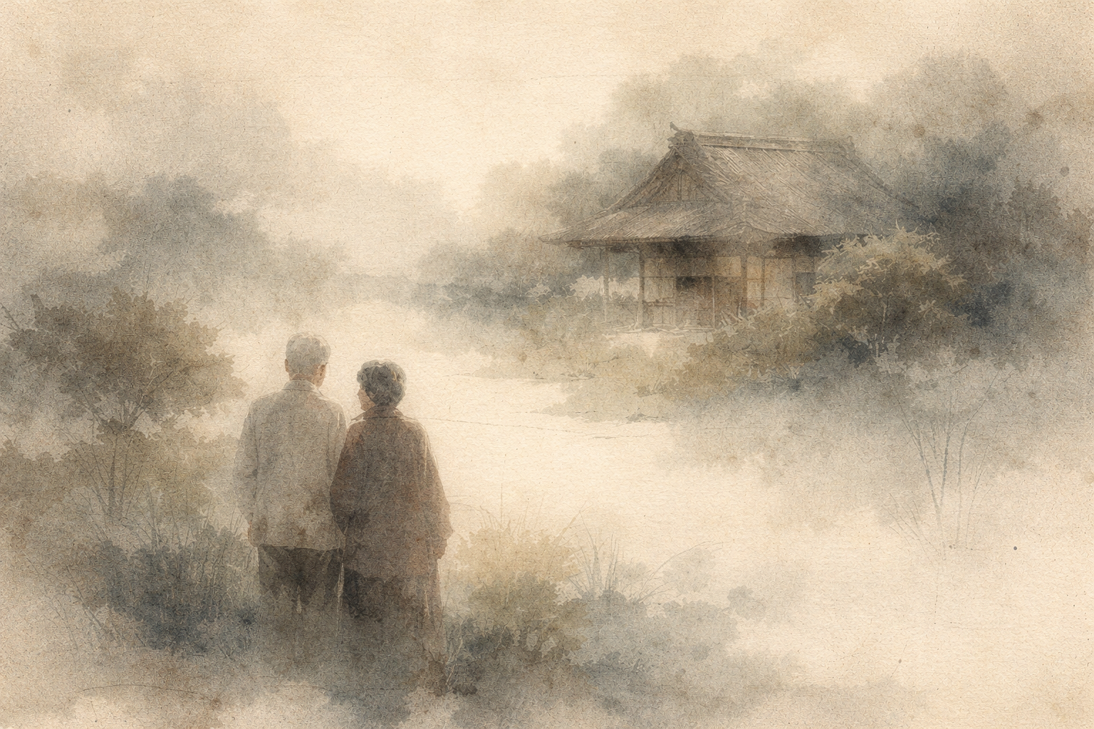 A soft watercolor scene of two people standing quietly together near a peaceful home by the water, surrounded by mist and trees, symbolizing the gentle beginning of a daily Buddhist practice rooted in calm, presence, and everyday life.
