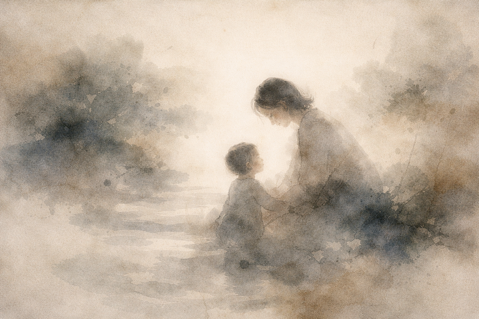 A watercolor-style scene of a parent kneeling and gently holding a child’s hands while they look at each other in a soft, misty landscape, symbolizing emotional connection, honesty, and calm communication between parent and child.
