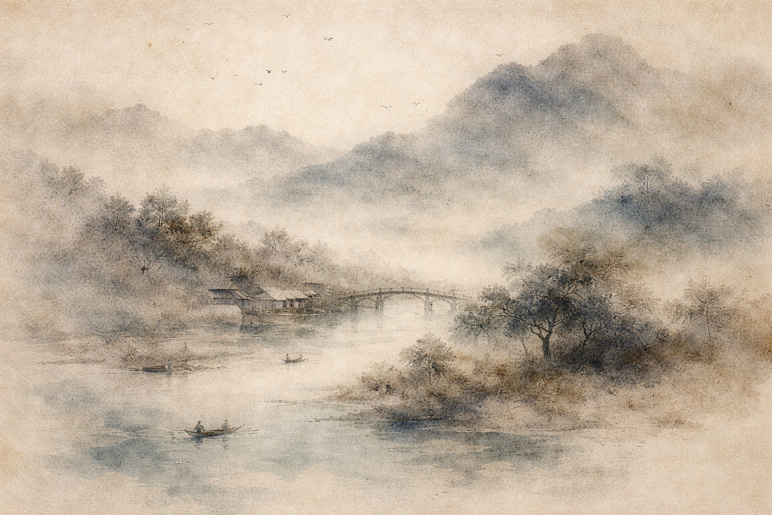 A tranquil riverside landscape with small boats drifting across calm water and a distant bridge—symbolizing emotional balance, patience, and the gentle clarity needed to remain kind during conflict.