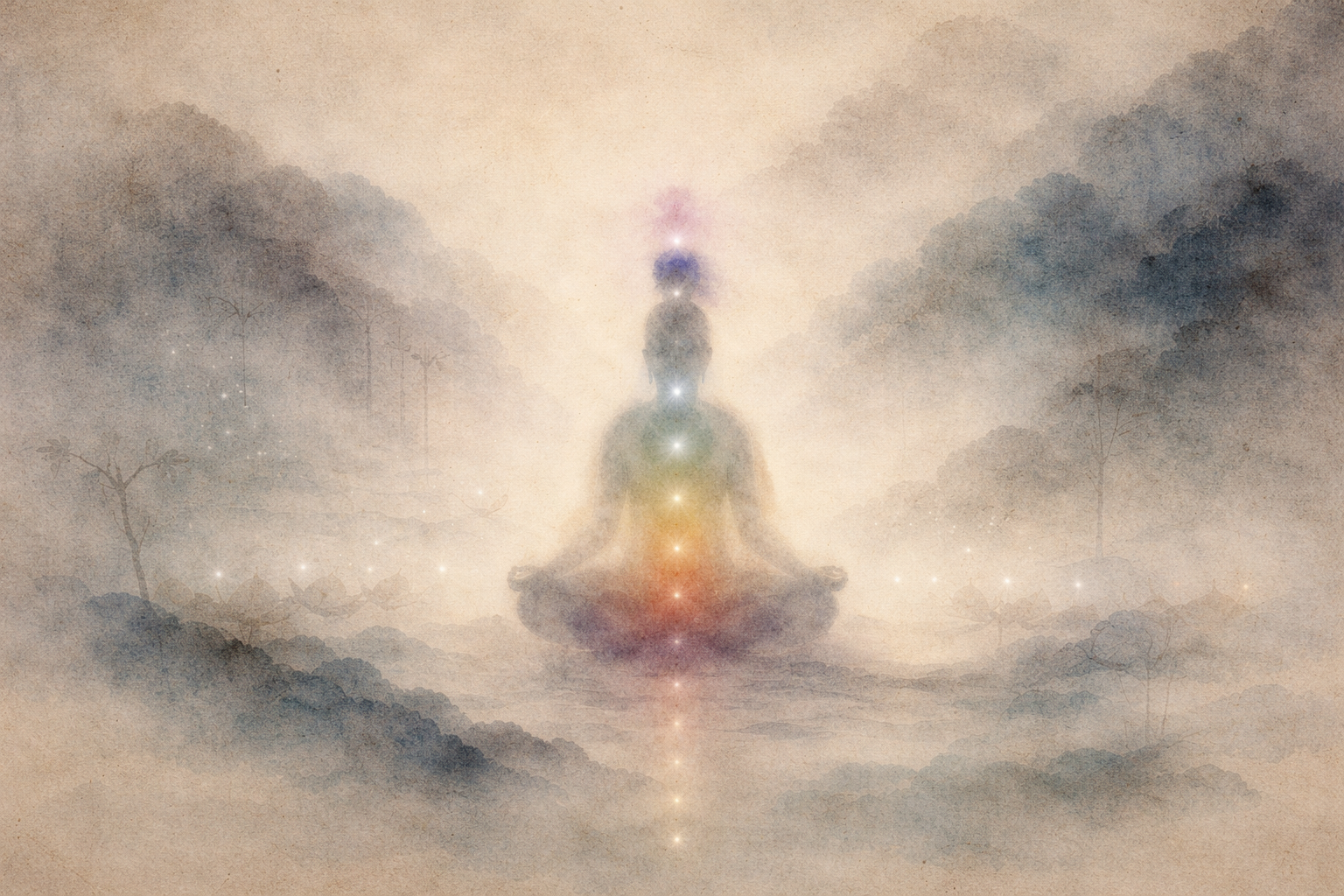 静かな風景の中で瞑想する人物を描いた水彩風イラスト。体の中心に沿って光るエネルギーの流れがあり、霧と柔らかな光に包まれている。周囲が揺れても自分の内側を安定させ、感情のバランスを保つ姿勢を象徴している。