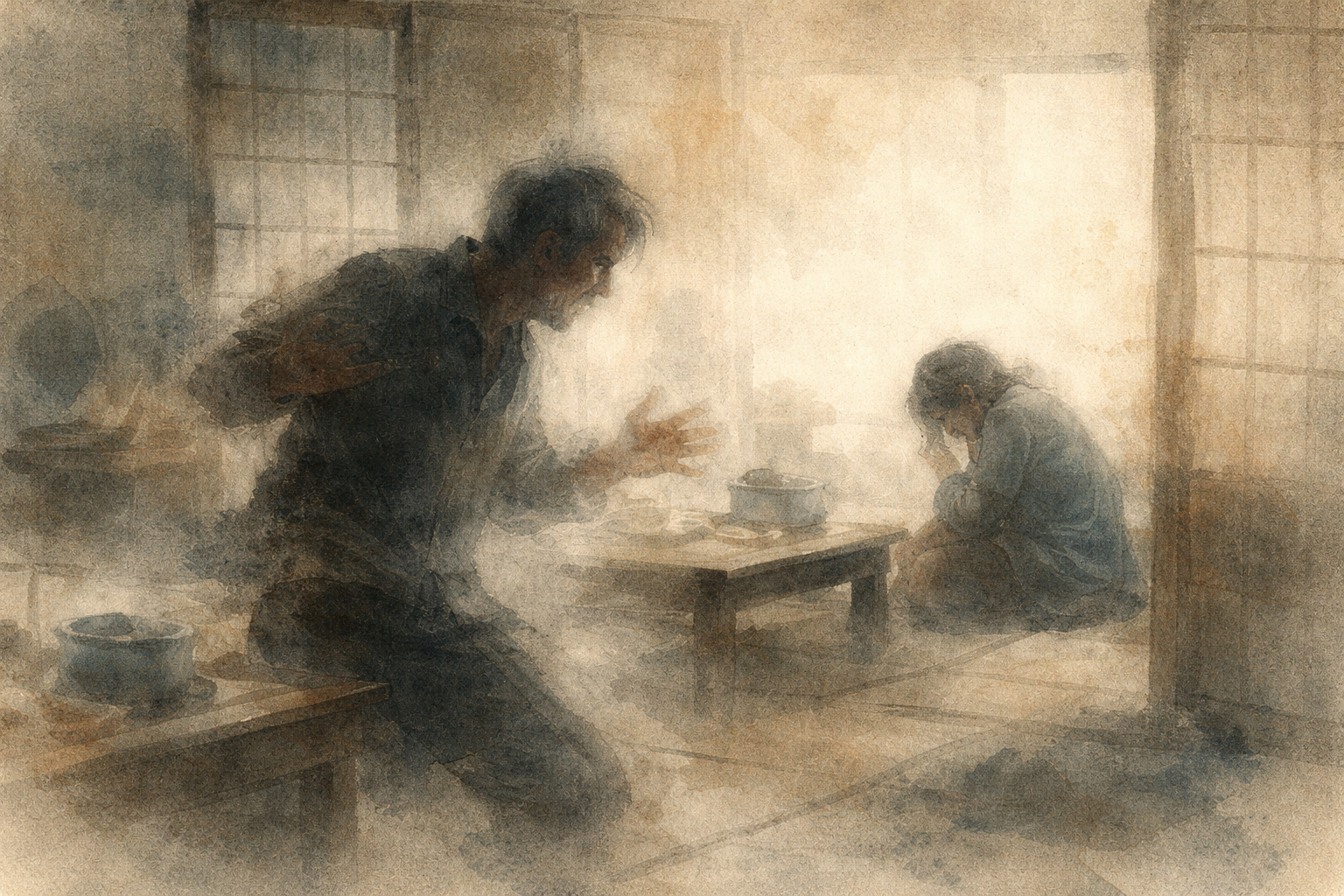 A tense scene inside a modest home where one person gestures angrily while another sits withdrawn at a low table—illustrating how unresolved work stress spills into personal life.