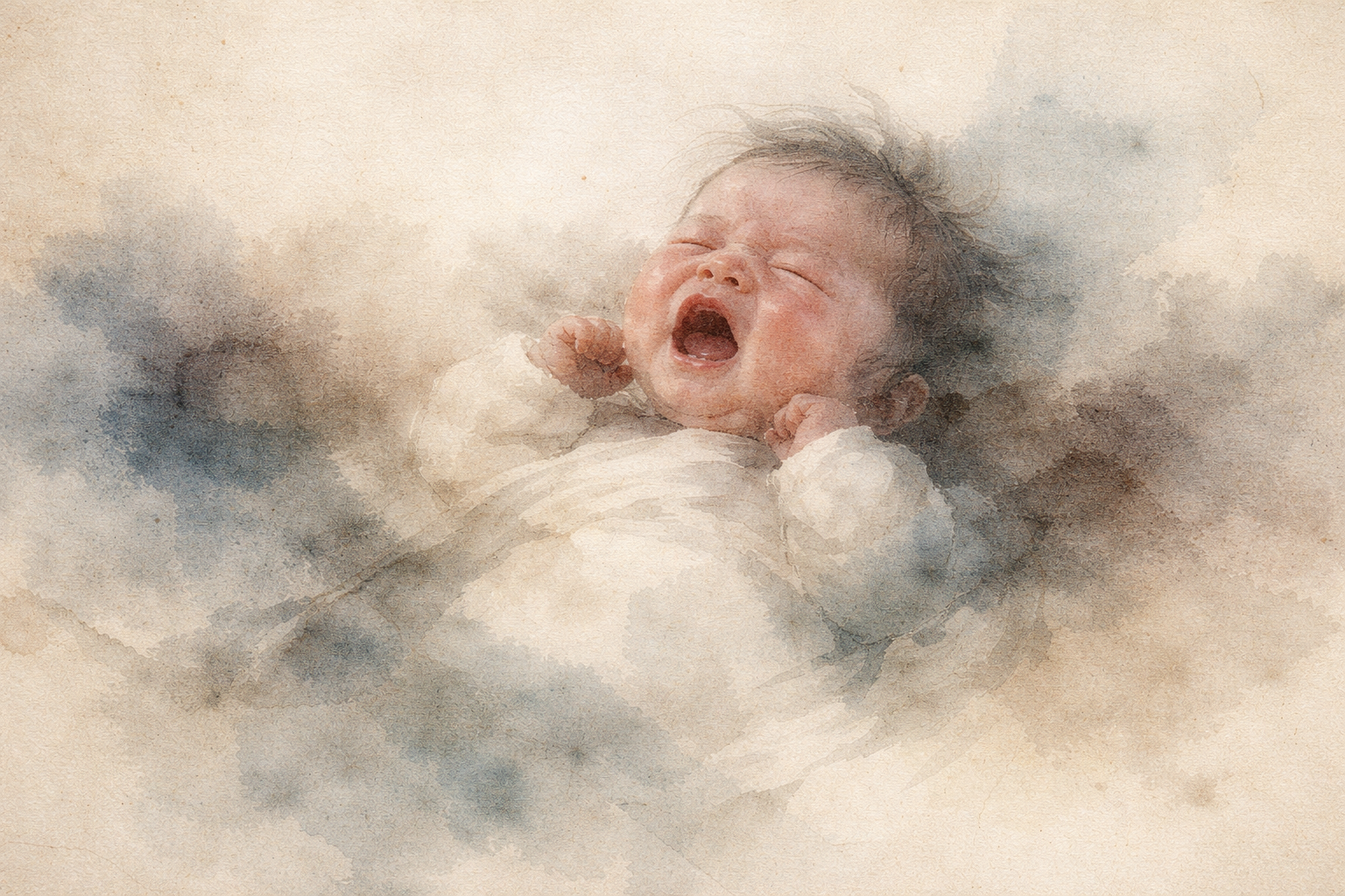 A soft watercolor-style illustration of a crying baby with small clenched hands, surrounded by gentle clouds of muted color, symbolizing raw emotion and the natural expression of a child’s feelings.