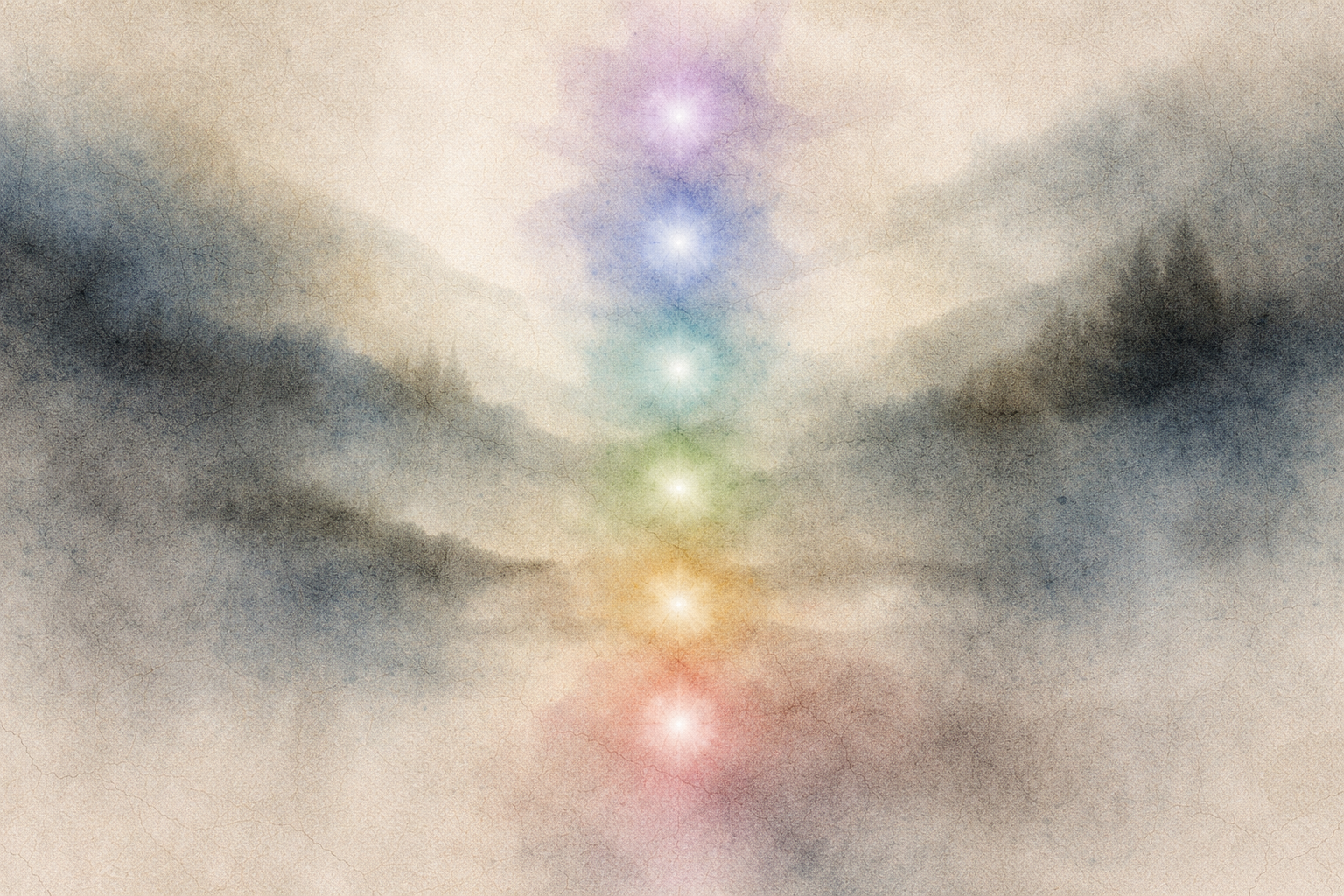 A calm misty landscape with softly glowing colored lights aligned vertically, symbolizing balance and inner stability, representing the possibility of using social media mindfully without losing mental clarity.