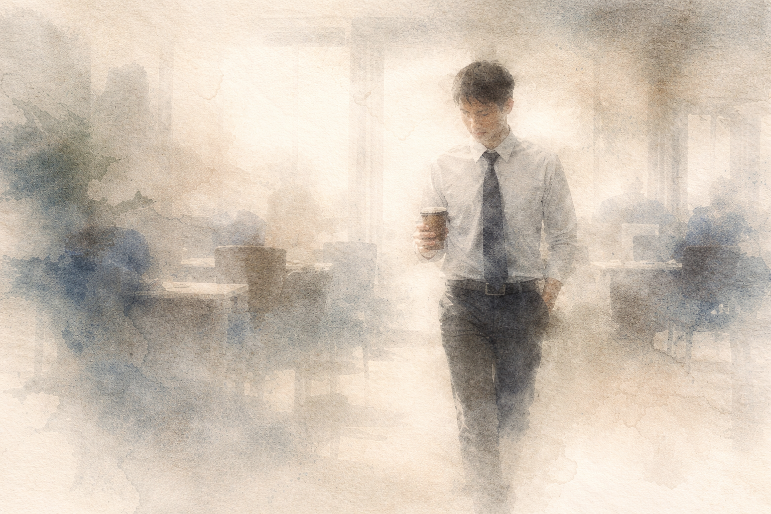 A calm office worker walking thoughtfully through a softly blurred workplace, holding a cup of coffee—symbolizing balance between effort and inner peace amid a busy environment.