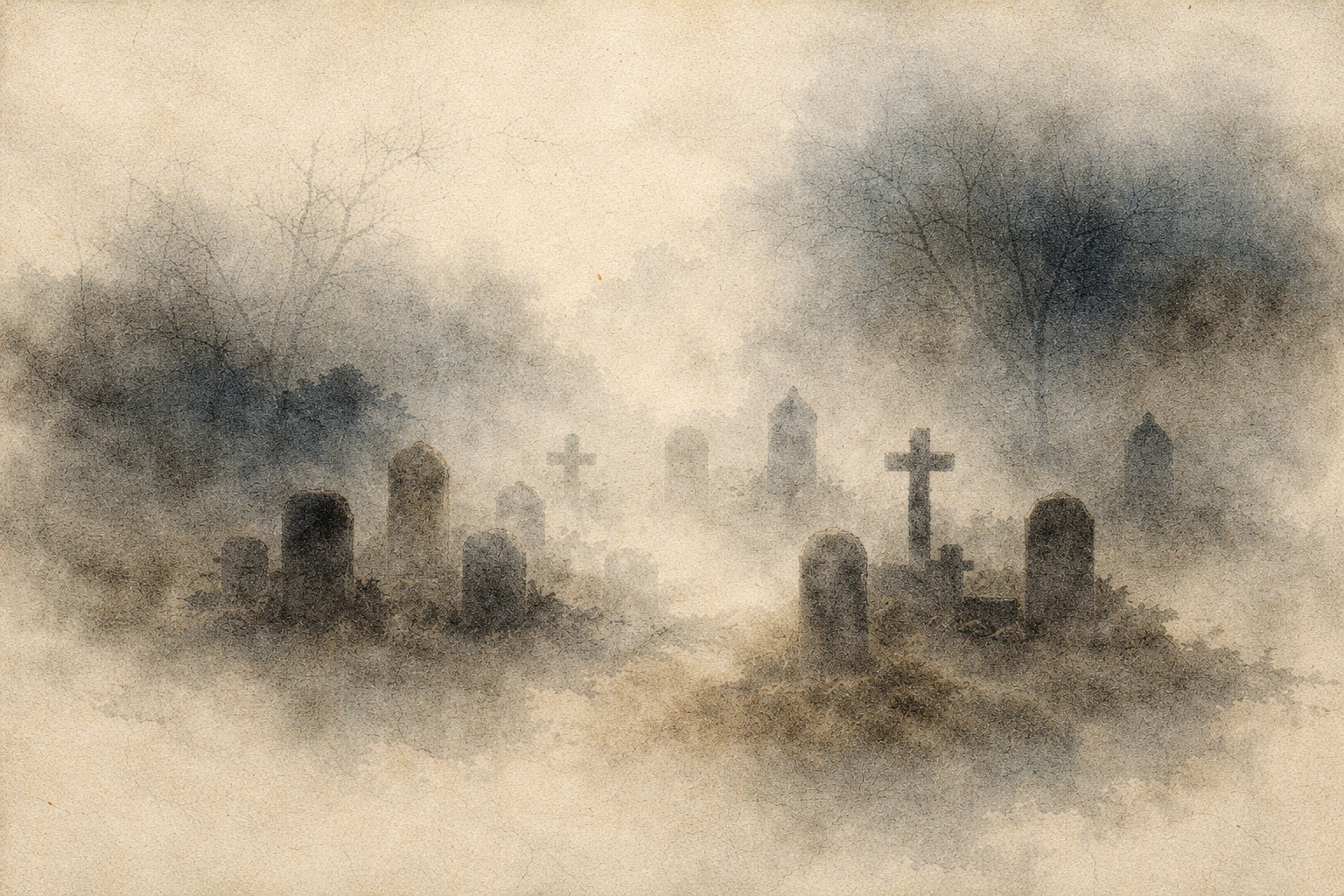 A quiet cemetery emerges through mist, with weathered gravestones and crosses fading into the distance—symbolizing impermanence, remembrance, and the transient nature of life.