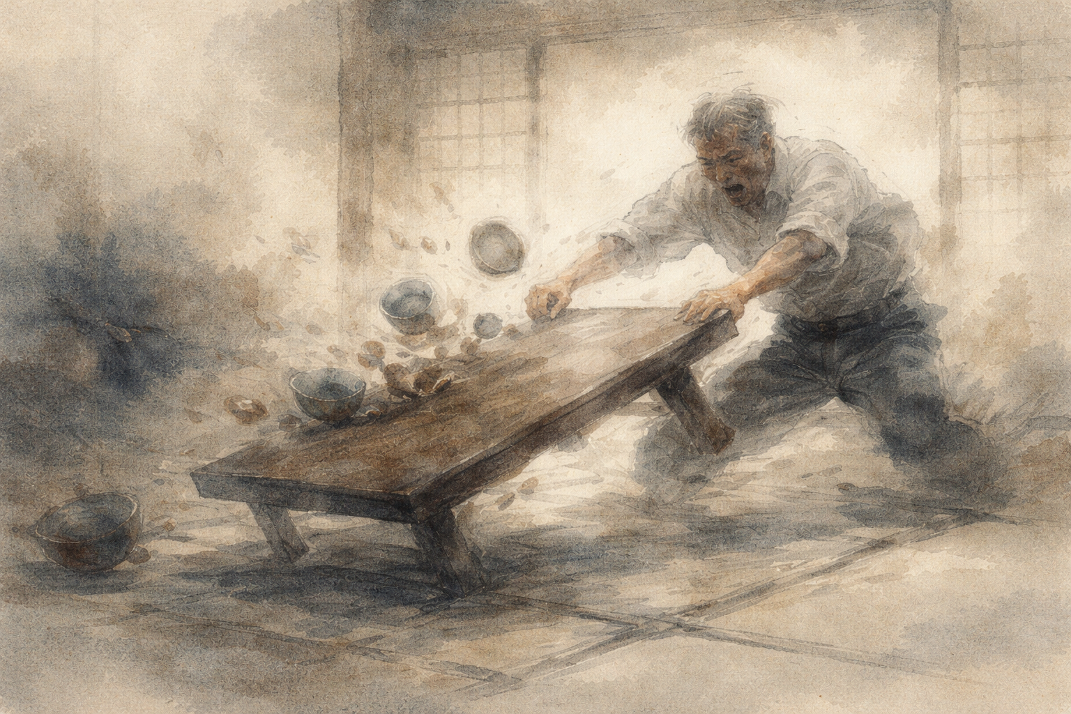A frustrated person forcefully overturning a low table, sending bowls flying through the air, symbolizing the chain reaction of causes and conditions, illustrating the relationship and distinction between dependent origination and karma in Buddhism.