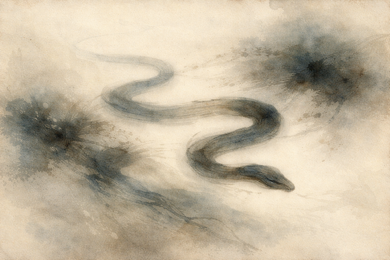 A winding serpent-like form moving across a soft, abstract landscape, symbolizing how gossip can quietly spread and subtly influence perception, reflecting the Buddhist concern for speech that distorts understanding.
