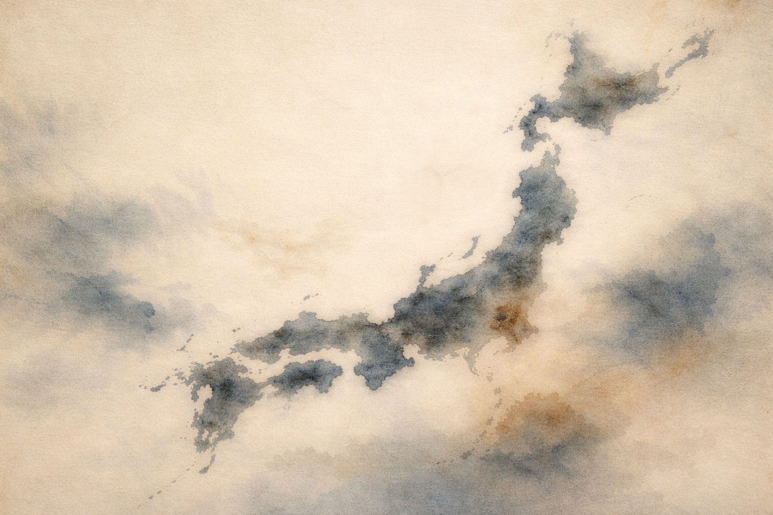 A watercolor-style map of Japan emerging softly through misty brush strokes on a parchment-like background, symbolizing the country’s cultural landscape and the evolving role of Buddhism in modern Japanese society.