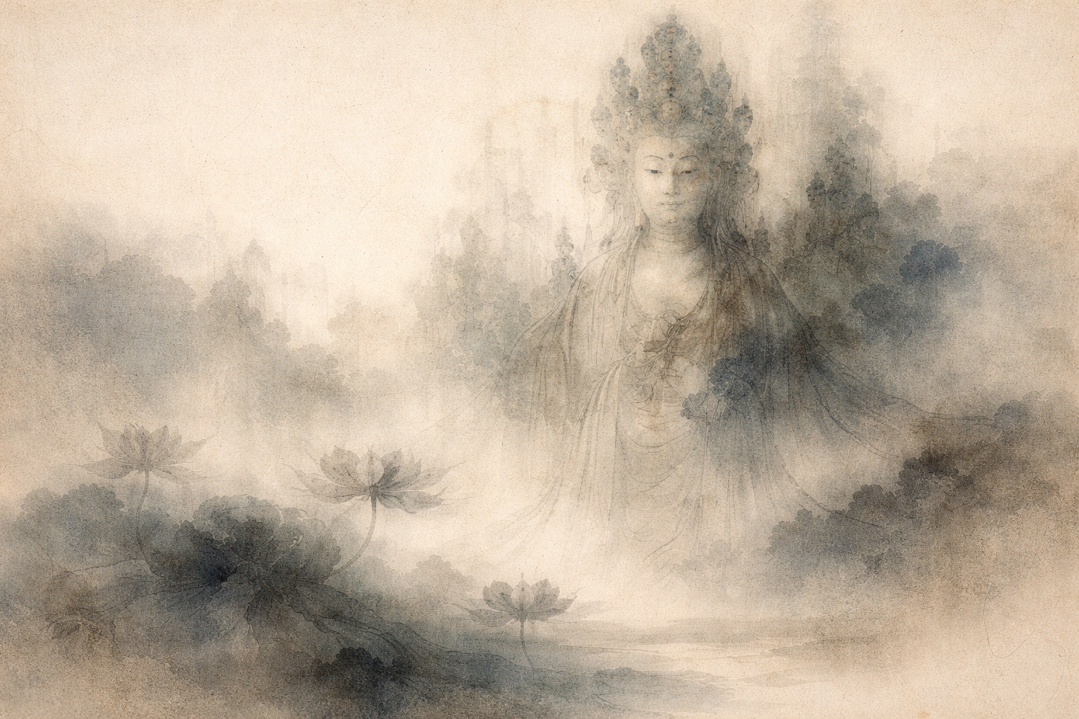 咲く蓮の花の上に霧の中から現れる穏やかな菩薩像。仏教における純粋さ、精神的な目覚め、悟りを象徴している。