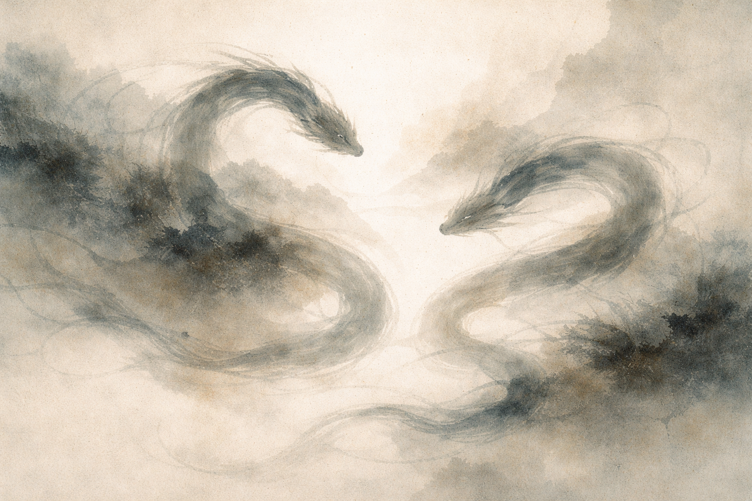 霧に包まれた風景の中で、向かい合うように流れる二つの蛇のような形を描いた水彩風イラスト。似ているようで異なる動きを通して、仏教におけるマントラと祈りの違いと関係性を象徴している。