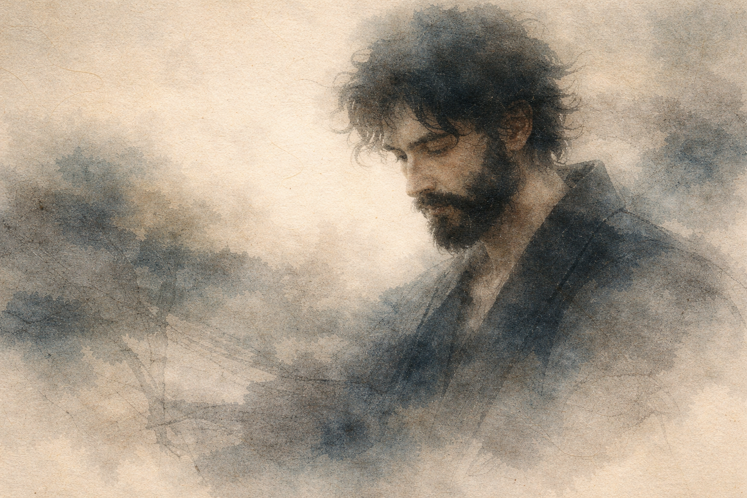 A watercolor-style portrait of a bearded man with closed or downward gaze, sitting quietly in a misty natural landscape, suggesting deep contemplation and reflecting the contrast between traditional meditation practice and modern tools that support mindfulness.