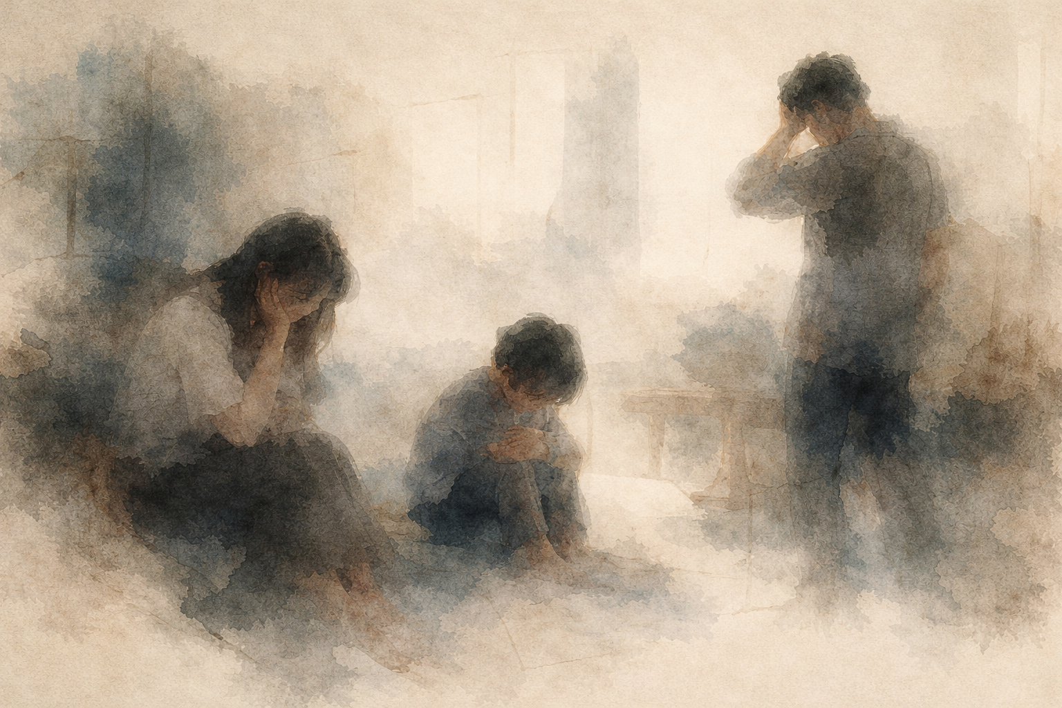 霧のような柔らかな背景の中で、頭を抱える大人たちと、うつむいて座る子どもが描かれた水彩風の場面。怒ってしまった後の親の罪悪感と、そこから振り返り、関係を修復していくための気づきや思いやりのプロセスを象徴している。