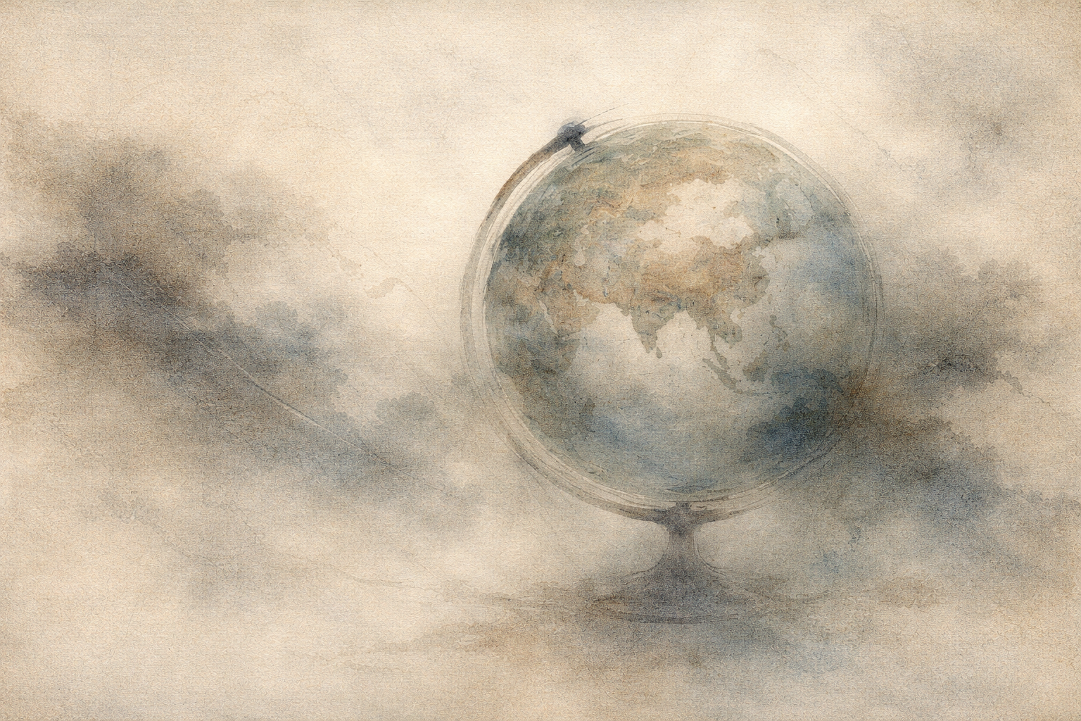 A soft watercolor image of a globe emerging from mist, symbolizing the flow of time across the world and the balance between morning and evening in Buddhist practice.