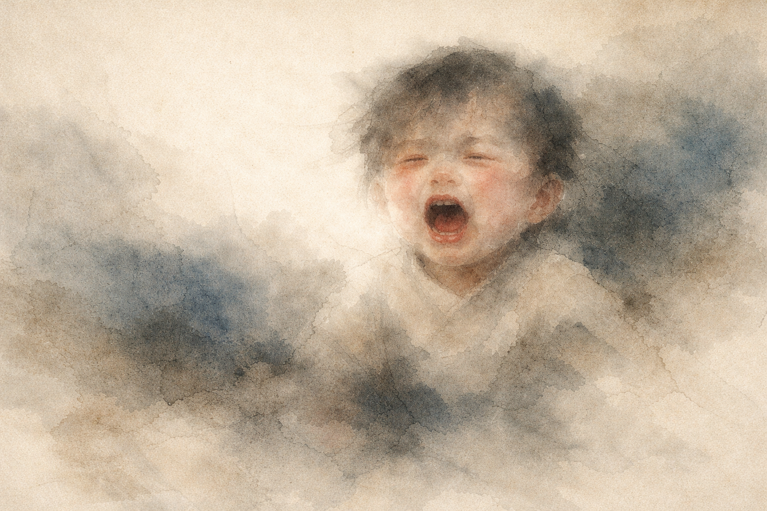 柔らかな水彩の雲のような背景の中で、頬を赤くして大きく泣いている子どものクローズアップ。子どもの強い感情や、それによって引き起こされる親の怒りや内省の瞬間を象徴している。