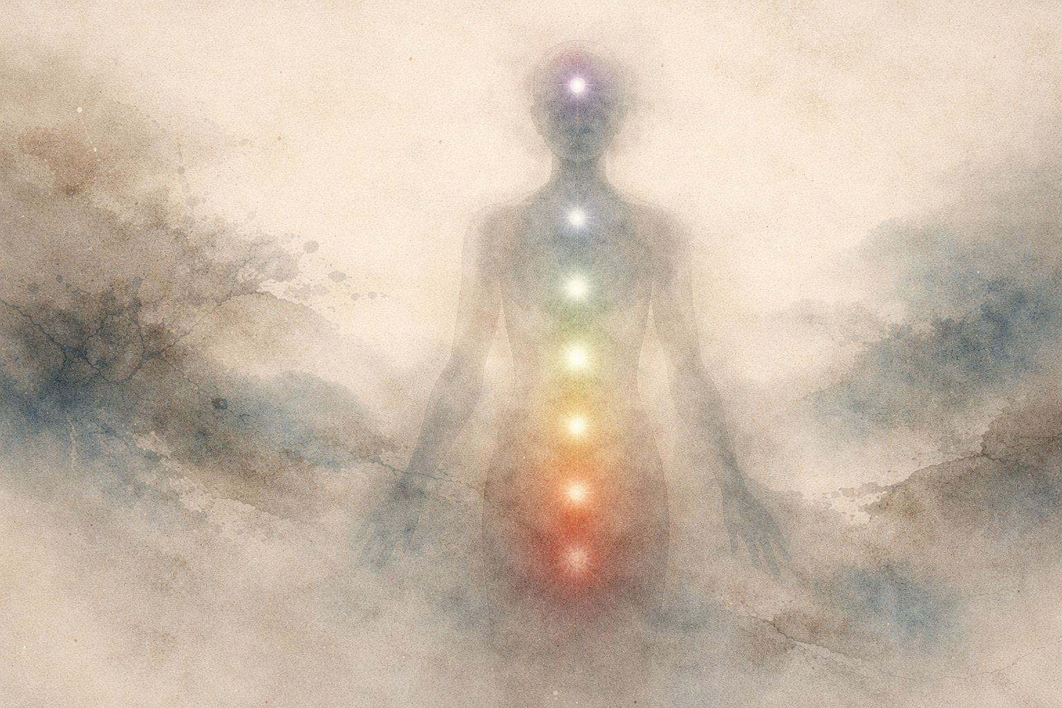 瞑想している人物の体の中心に、やわらかく輝く色の光が縦に並んでいる水彩風イラスト。内面のバランスや気づき、極端に偏らない「中道」の姿勢を象徴している。