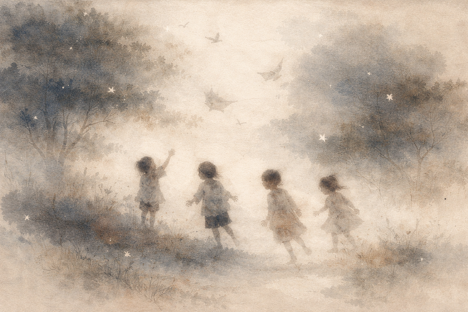明るい空を飛ぶ鳥に手を伸ばしながら歩く子どもたちを描いた、水彩風のやわらかなイラスト。霧のような木々に囲まれた風景が、子どもの好奇心や感情の成長、内面世界の広がりを象徴している。