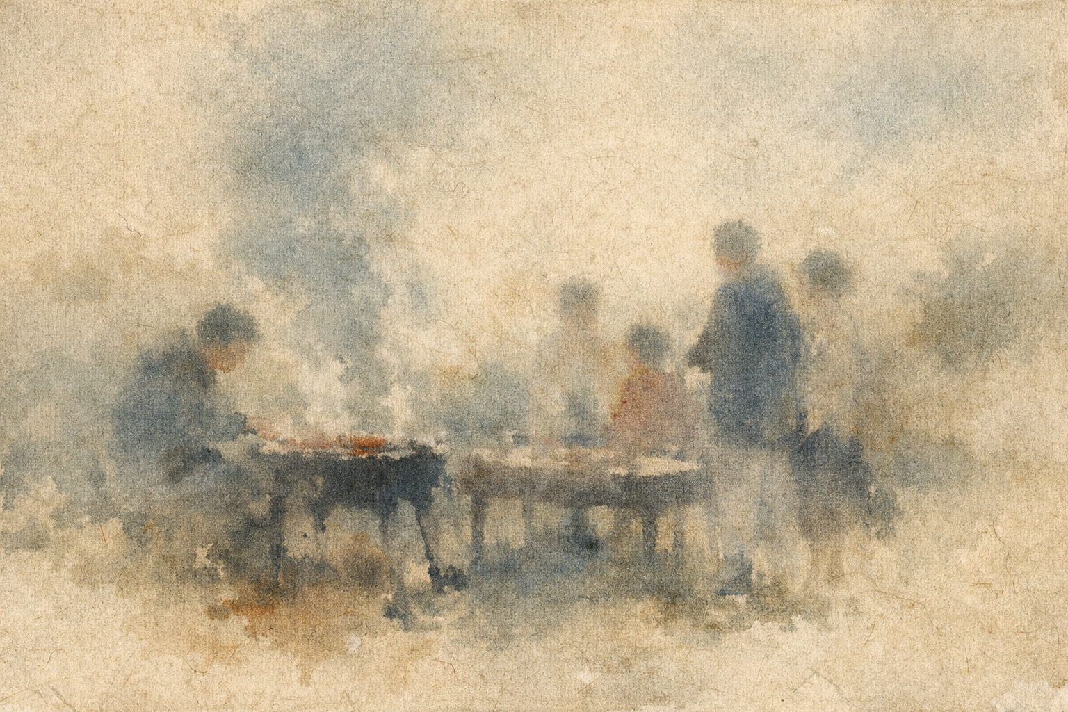 A soft watercolor-style illustration of a group of people gathered outdoors around a small fire or grill, with children nearby, partially obscured by mist, symbolizing shared moments, connection, and the gentle practice of letting go while staying present.