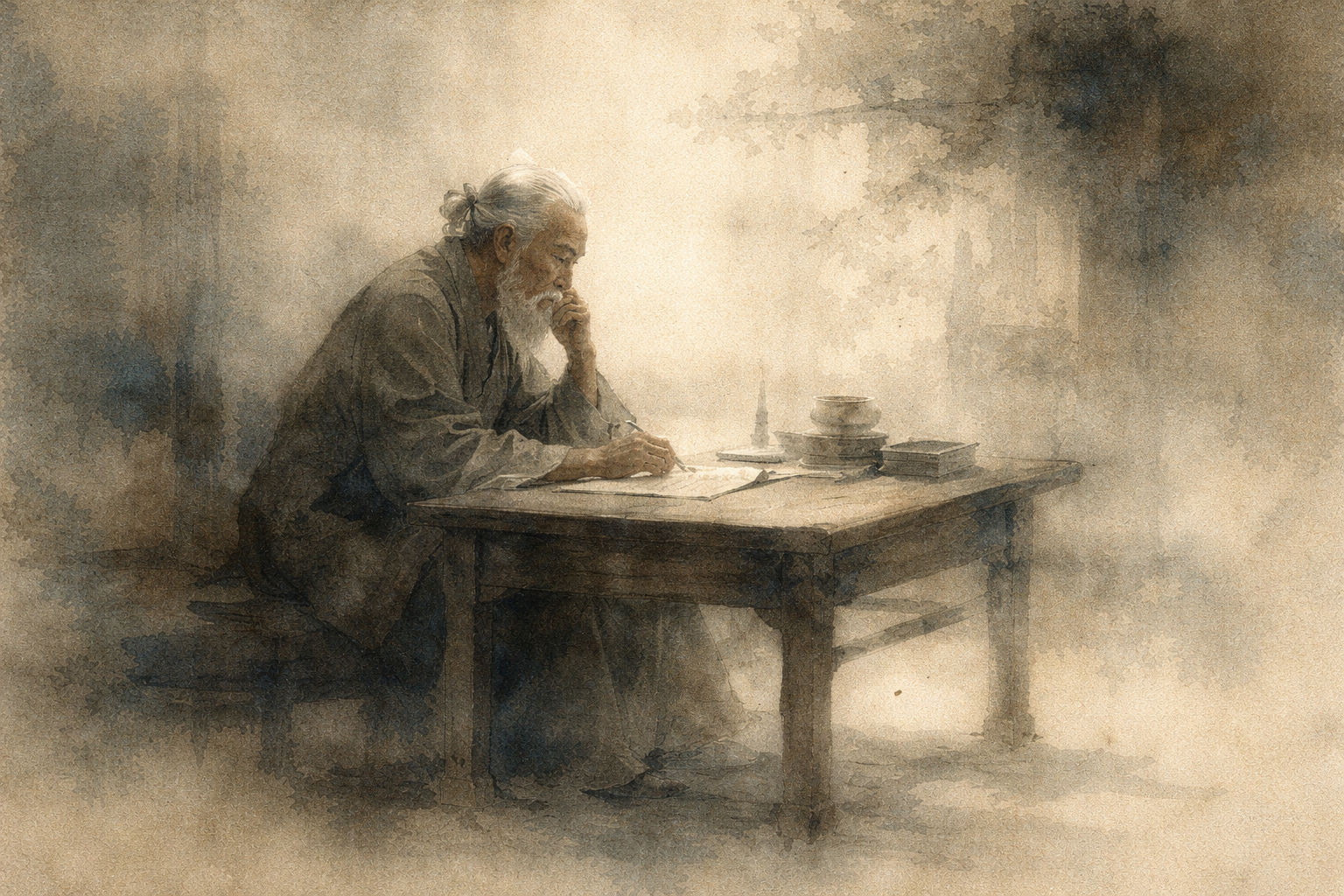 A soft watercolor-style illustration of an elderly man sitting at a wooden table, quietly writing with deep focus, surrounded by a calm, misty atmosphere, symbolizing wisdom, reflection, and the quiet understanding that non-attachment is not indifference but thoughtful care.