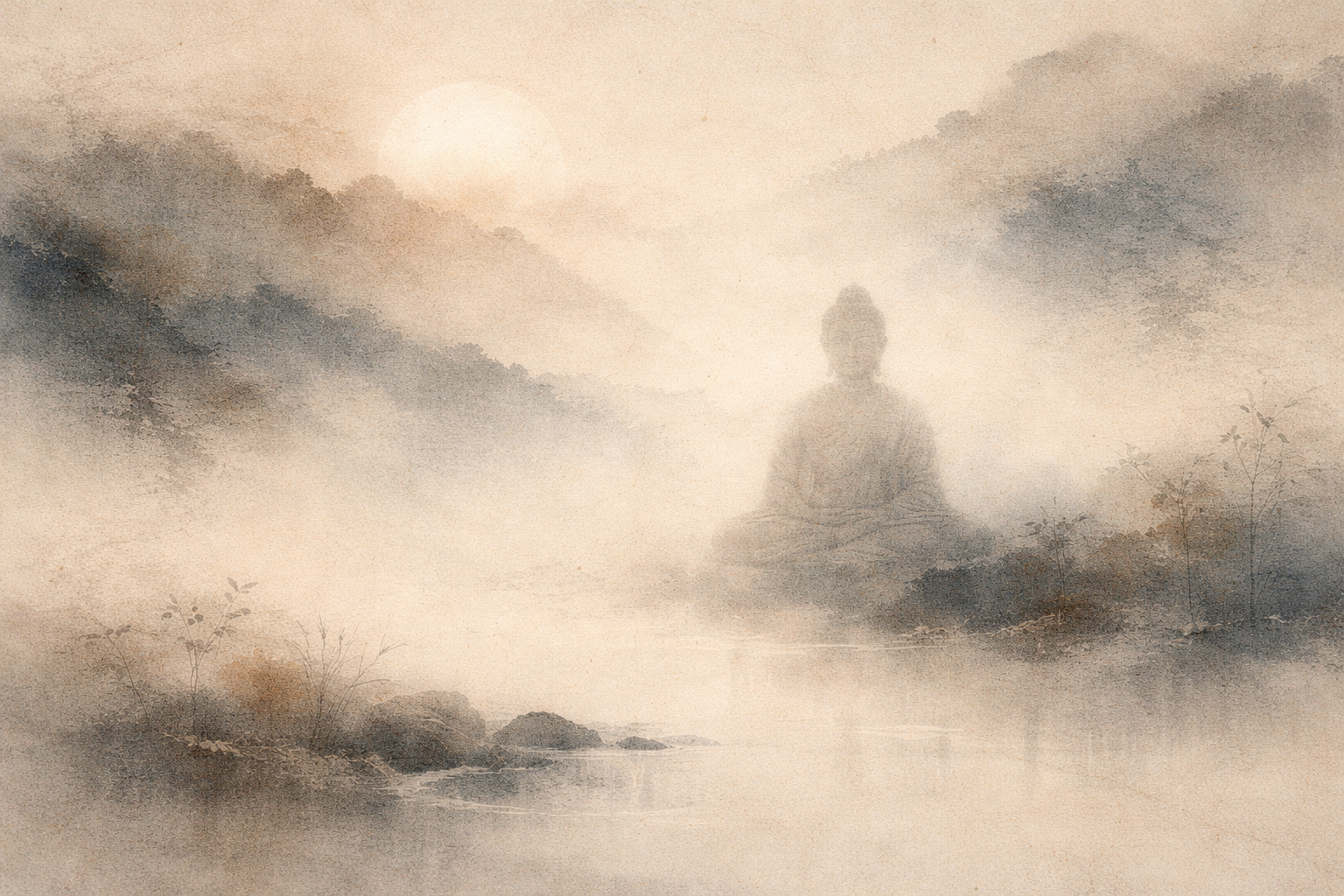 Calm watercolor-style illustration of a Buddha figure appearing softly within a misty landscape at sunrise, symbolizing timeless wisdom and guidance that continues to inspire millions.
