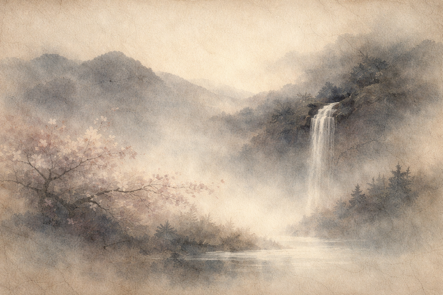 A soft watercolor-style landscape of misty mountains with a gentle waterfall flowing into a quiet river, and a blossoming tree in the foreground, symbolizing natural growth, letting things unfold, and allowing a child to develop without control or projection.