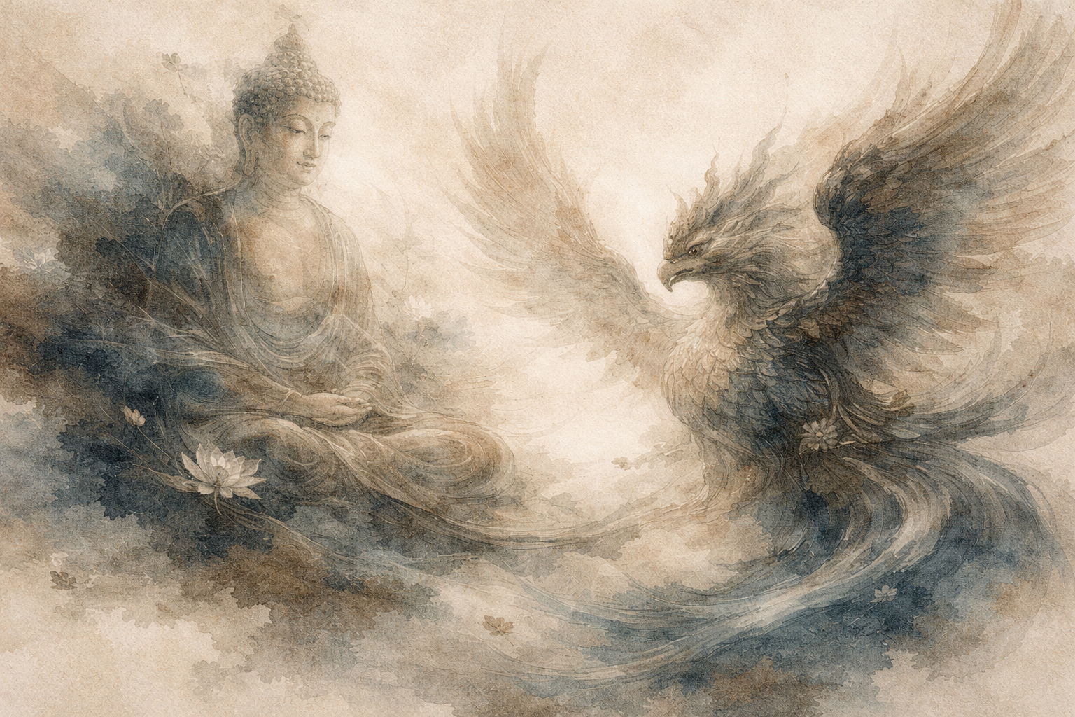 A serene Buddha seated in meditation faces a majestic sacred animal resembling a phoenix or eagle, its wings spread wide in flowing, ethereal motion, symbolizing spiritual power, transformation, and harmony in Buddhist imagery.