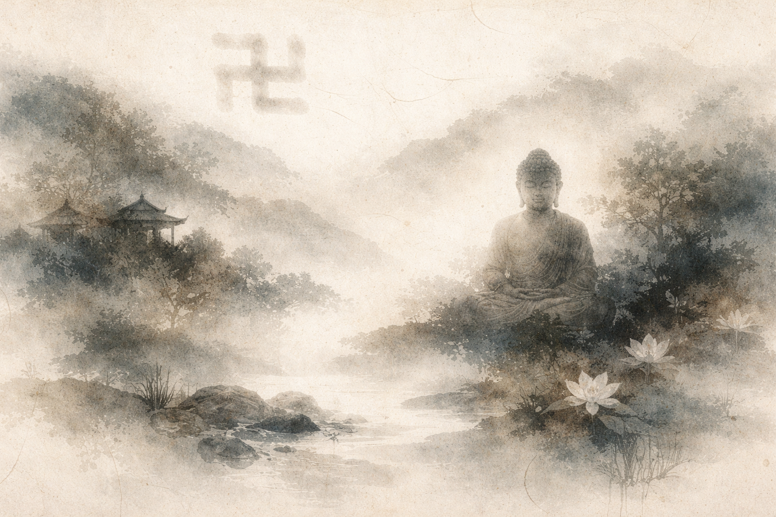 霧に包まれた自然の中で静かに瞑想する仏と、小川のほとりに咲く蓮の花、遠くに見える伝統的な寺院を描いた水彩風イラスト。空には神聖な象徴がほのかに浮かび、仏教のシンボルに込められた意味、すなわち清らかさ、悟り、そして目覚めへの道を表している。