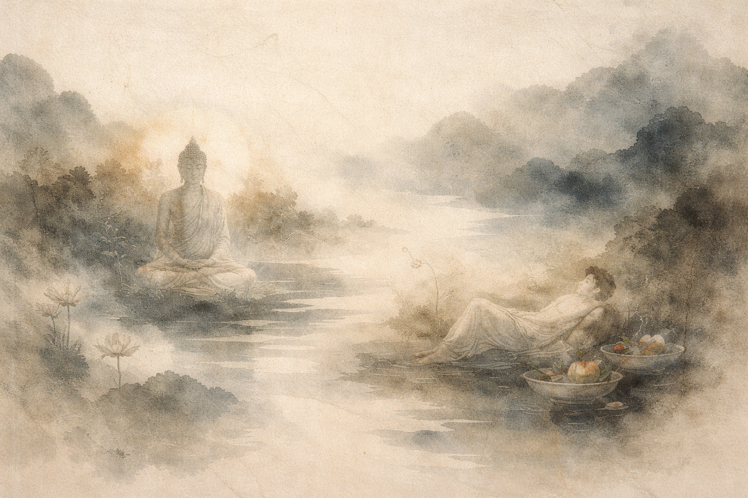 Soft watercolor-style illustration of the Buddha seated in meditation near a peaceful riverside, with a reclining figure and simple offerings nearby, symbolizing quiet reflection and the profound meaning found within short Buddhist teachings.