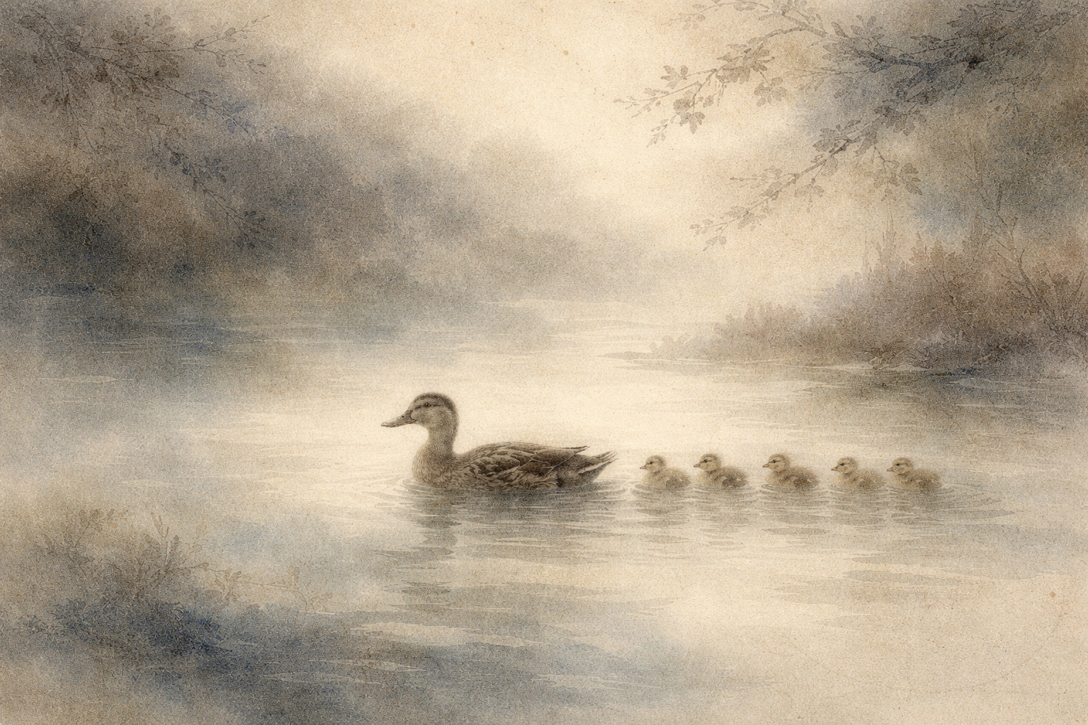 霧に包まれた静かな湖を進む母鴨と子鴨たちを描いた、やわらかな水彩風イラスト。人生のシンプルさや穏やかな理解、そして仏教の教えに通じる自然な智慧を象徴している。