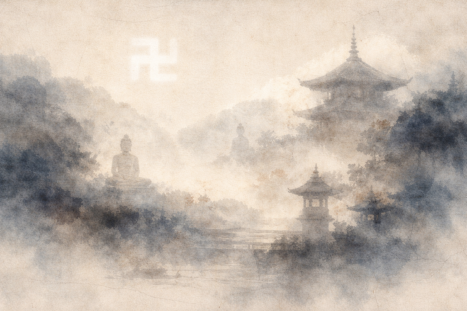 Misty watercolor landscape featuring traditional Buddhist temple architecture and a meditating Buddha silhouette, with the ancient swastika symbol subtly present, representing auspiciousness, continuity, and spiritual harmony in Buddhism.