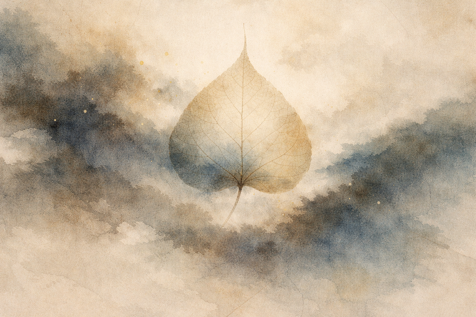 静かな霧の中に浮かぶ水彩風の菩提樹の葉（仏教のシンボル）。悟りと精神的覚醒を表現した穏やかなイメージ