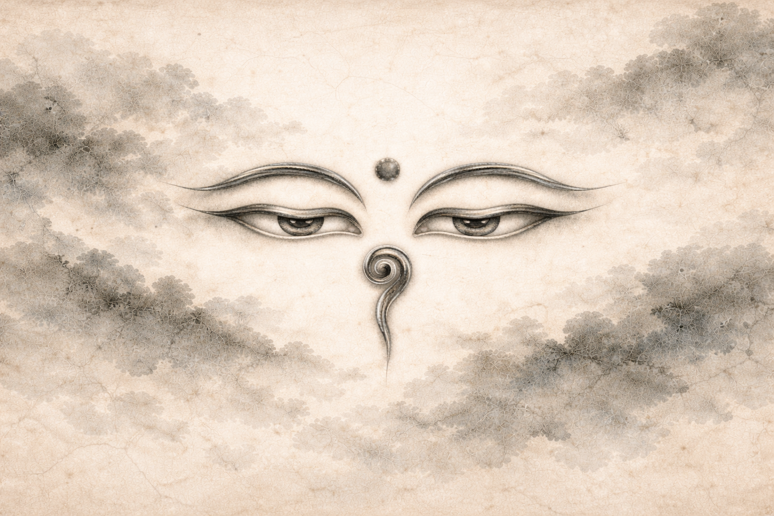 Symbolic illustration of the Buddha Eyes gazing calmly through soft mist, representing wisdom, awareness, compassion, and spiritual insight in Buddhist tradition.