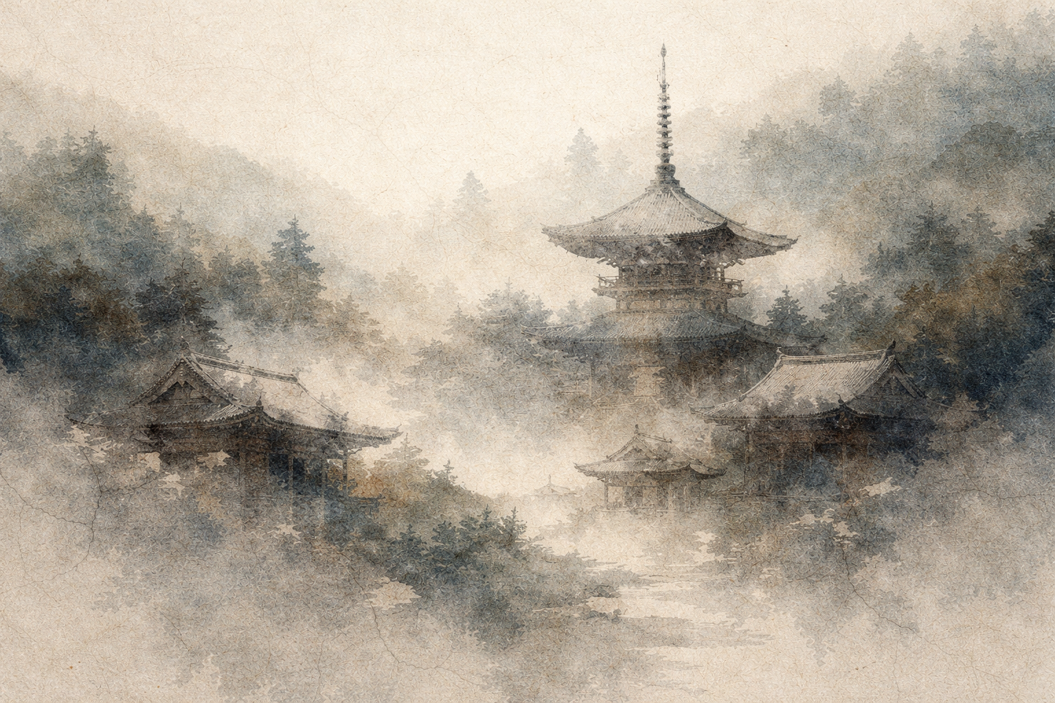A tranquil scene of traditional temple buildings and a pagoda emerging through soft mist, symbolizing the spiritual heritage of Buddhism and evoking the deeper meaning behind the Buddhist flag’s five colors, which represent wisdom, purity, compassion, energy, and balance.