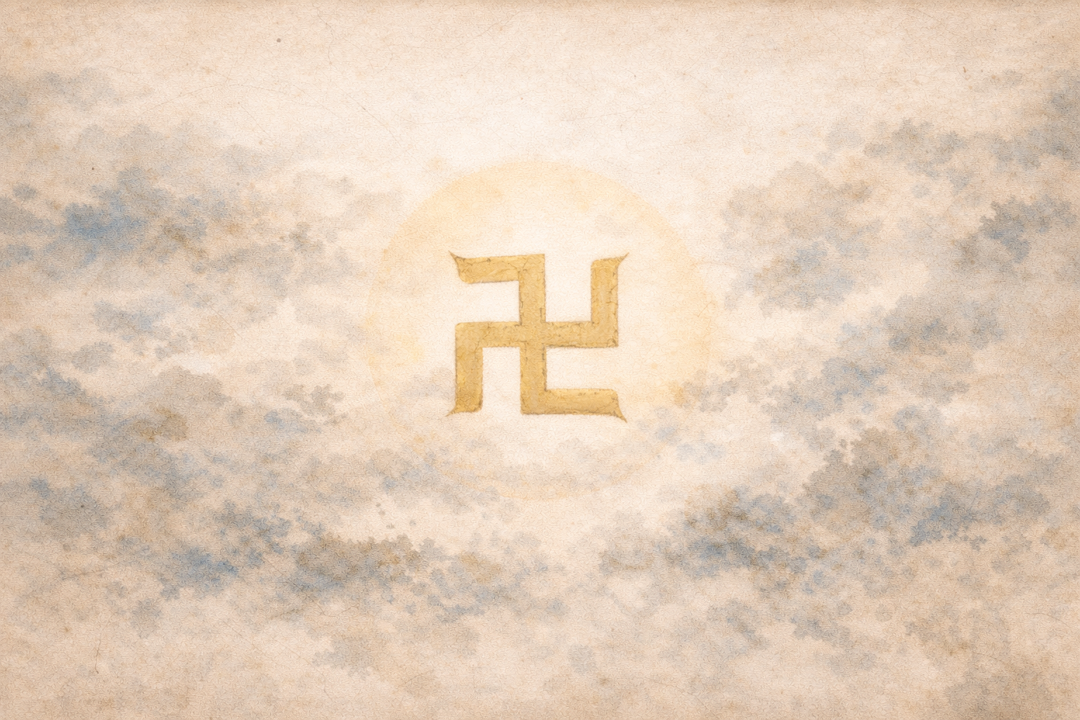 Ancient Buddhist swastika symbol centered within a soft circular glow, rendered in a subtle watercolor style, representing auspiciousness, harmony, and the eternal cycle in Buddhist tradition.