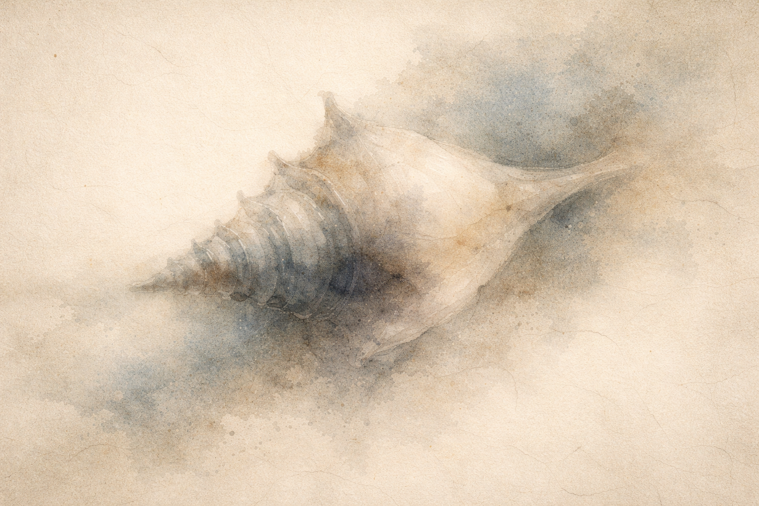 A softly painted conch shell emerging from mist, symbolizing the sacred sound of the Dharma spreading wisdom and awakening in Buddhist tradition