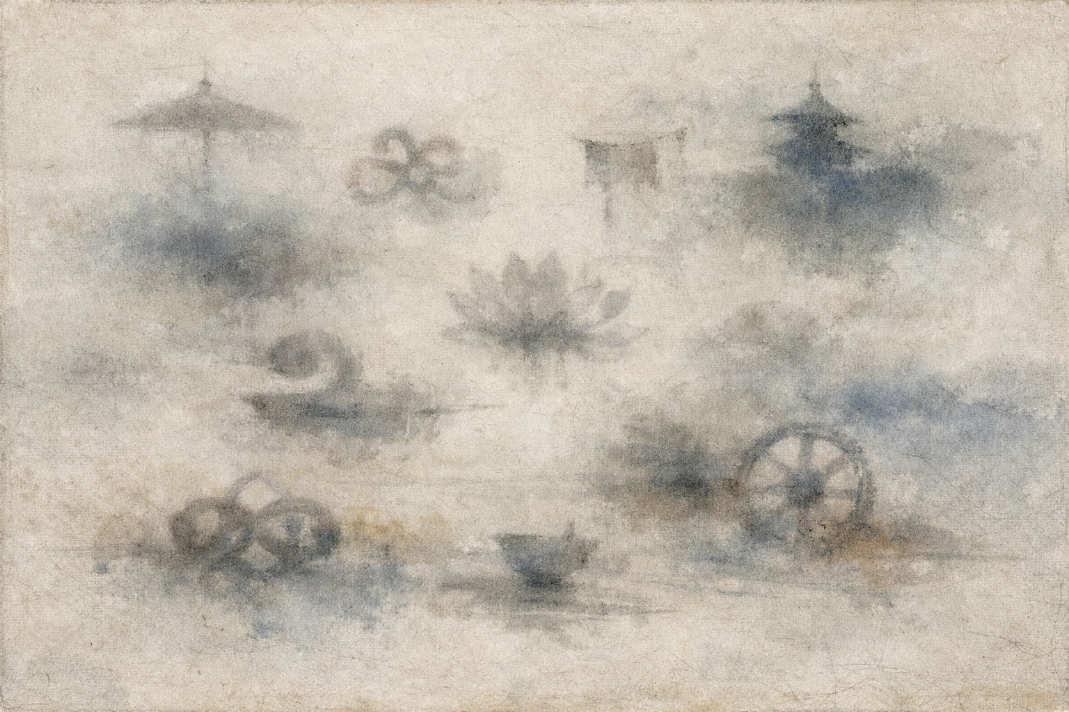 Subtle watercolor-style depiction of the Eight Auspicious Buddhist Symbols—including the lotus, conch shell, endless knot, dharma wheel, treasure vase, golden fish, parasol, and victory banner—symbolizing wisdom, compassion, protection, and enlightenment.