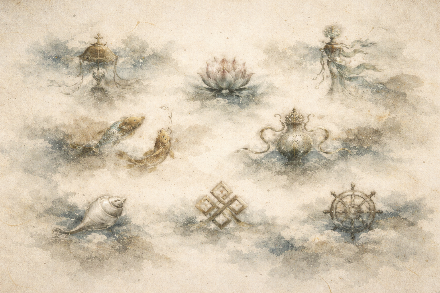 Illustration of the Eight Auspicious Symbols of Buddhism—including the lotus, conch shell, endless knot, dharma wheel, treasure vase, golden fish, parasol, and victory banner—representing wisdom, compassion, protection, and spiritual awakening.