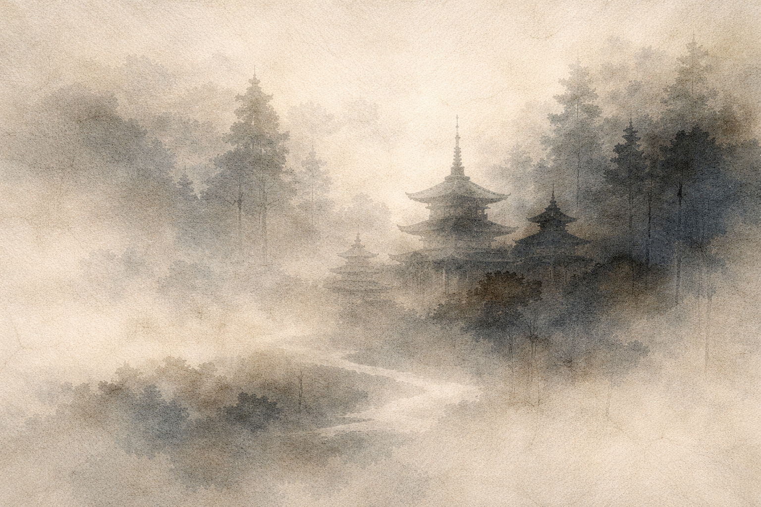 Ancient Buddhist pagodas emerging through misty forest landscape, symbolizing the mystery of interconnectedness and the timeless continuity reflected in the Endless Knot teaching.