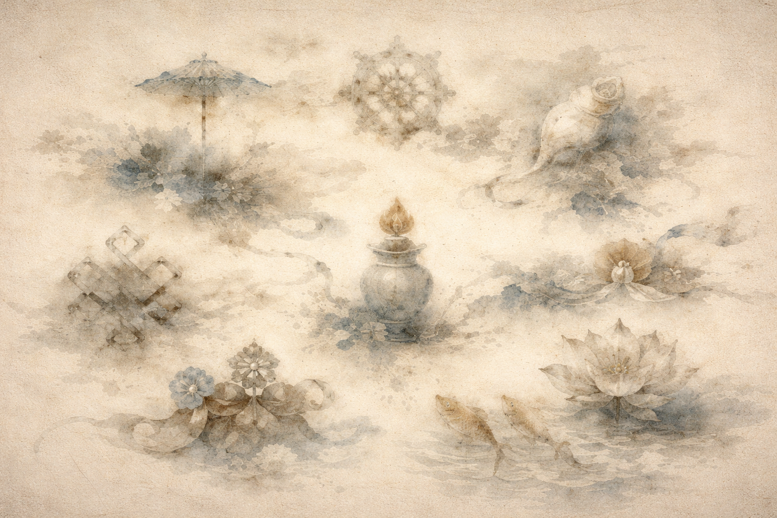 Watercolor-style illustration featuring multiple sacred Buddhist symbols arranged in a soft misty composition, including the golden fish swimming gracefully in calm water, a blooming lotus flower, a treasure vase, a Dharma wheel, a parasol, and other auspicious emblems. The golden fish symbolize freedom, fearlessness, and liberation from suffering, representing the ability to move freely through the ocean of existence without attachment.