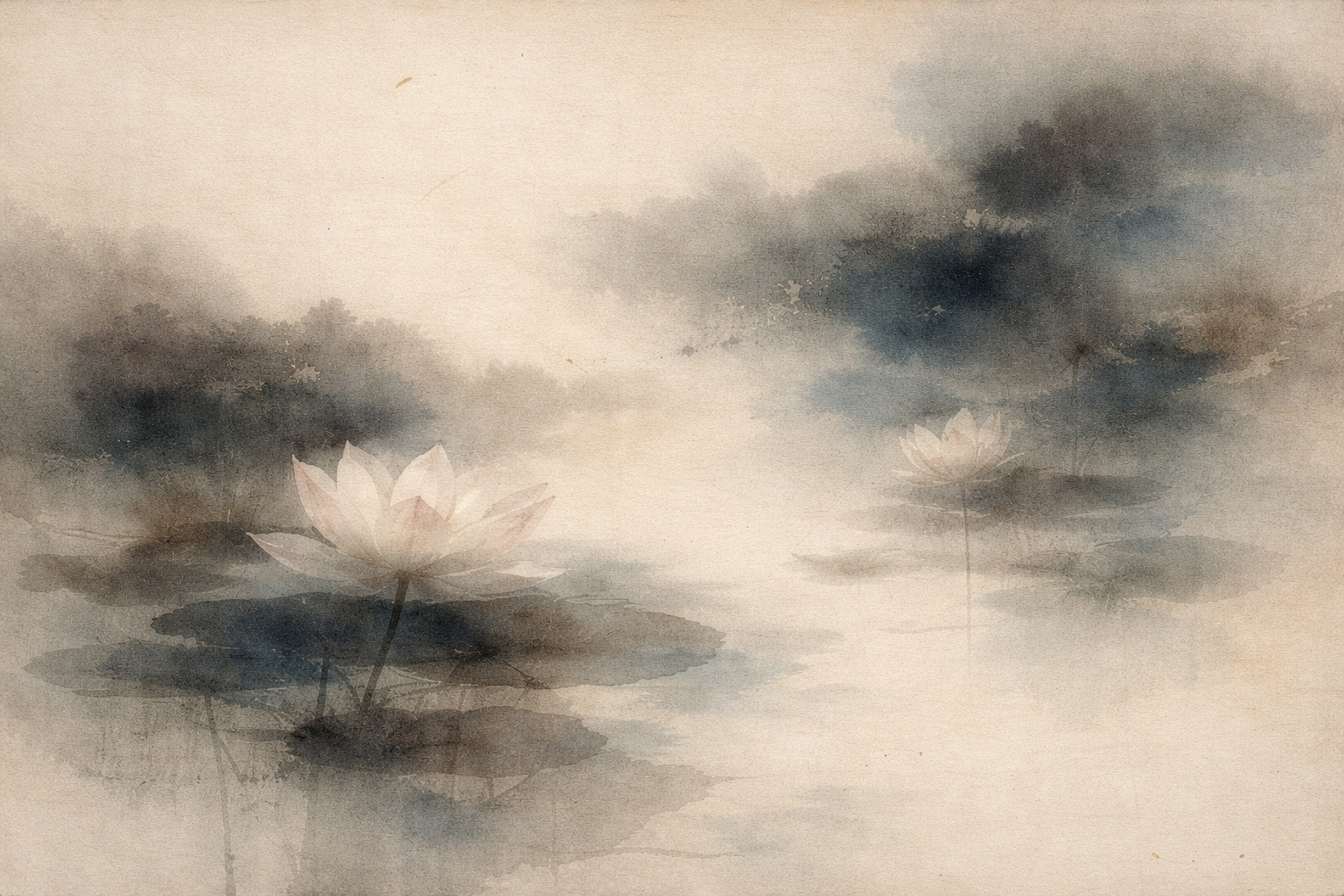 Soft watercolor-style lotus flowers emerging from calm, misty water, symbolizing purity, awakening, and spiritual growth in Buddhist teaching