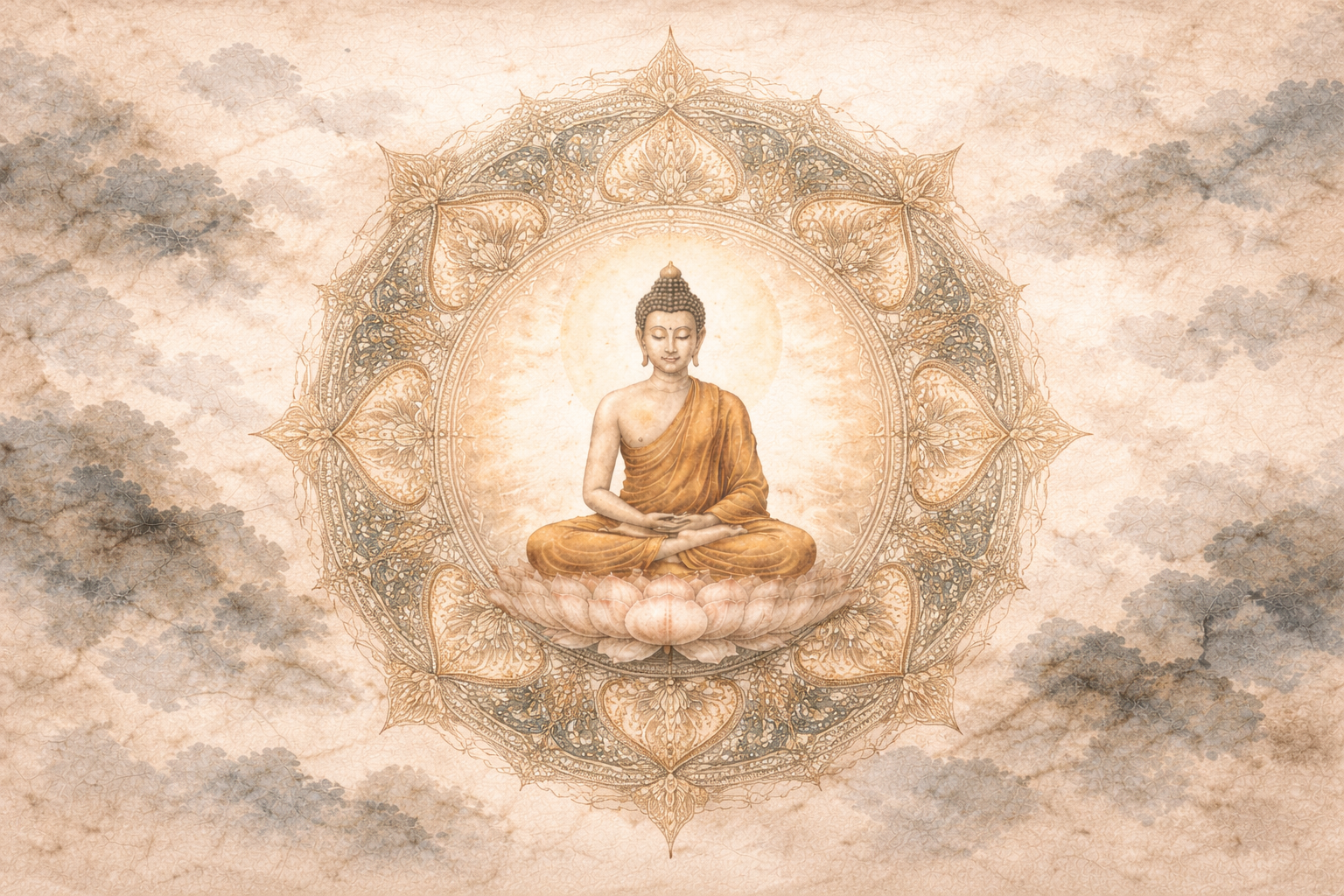 Buddha seated in meditation within an intricate mandala design, surrounded by soft mist, symbolizing wholeness, balance, and the path toward enlightenment in Buddhist tradition.