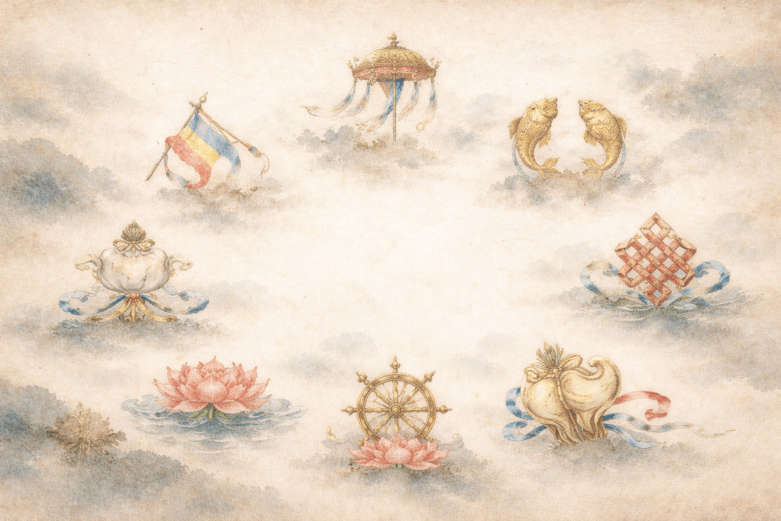 Delicate watercolor illustration of the Eight Auspicious Symbols of Buddhism—lotus, conch shell, endless knot, dharma wheel, treasure vase, golden fish, parasol, and victory banner—expressing spiritual awakening, harmony, protection, and wisdom in Buddhist tradition.
