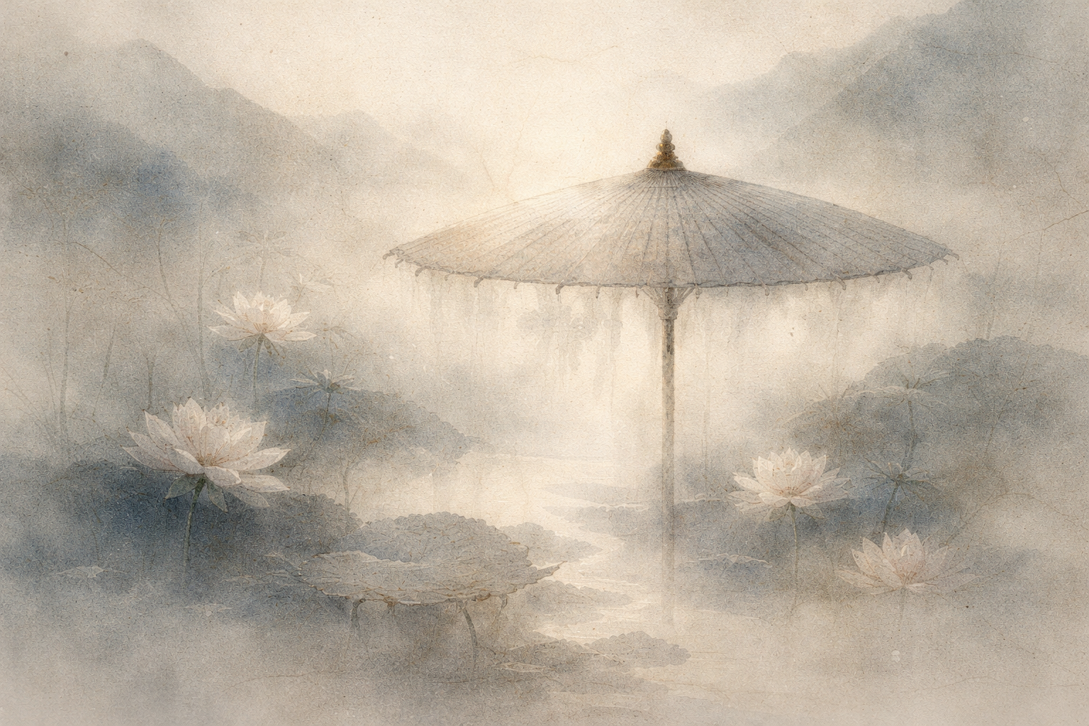 Watercolor-style illustration of a traditional parasol standing gracefully in a misty landscape surrounded by blooming lotus flowers and calm water. The soft, tranquil atmosphere symbolizes the Buddhist parasol as a sacred symbol of protection, spiritual authority, and shelter from suffering, representing the safeguarding of wisdom and the path toward enlightenment.