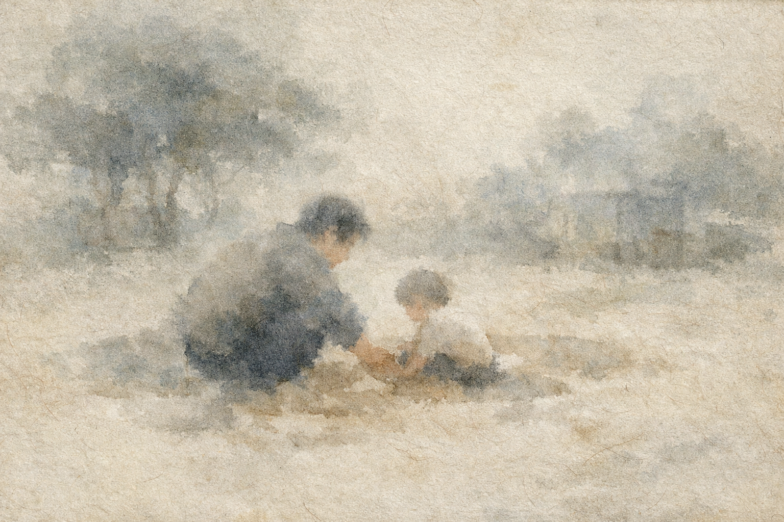 霧のような柔らかな風景の中で、親がしゃがみながら子どもと一緒に砂で遊んでいる水彩風の場面。忍耐や今この瞬間への気づき、そして親子の穏やかなつながりが心の苦しみを和らげることを象徴している。