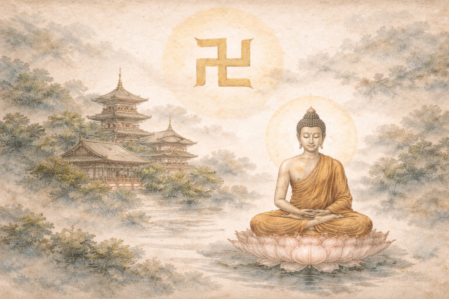 Buddha seated in meditation on a lotus before traditional temple architecture, with the ancient swastika symbol above, representing auspiciousness, harmony, and the eternal cycle in Buddhist tradition.