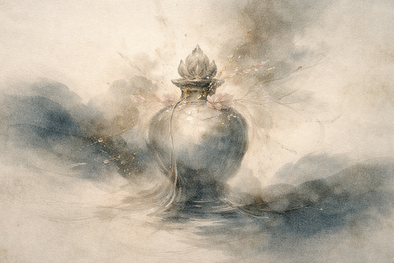Watercolor-style illustration of a luminous treasure vase emerging from soft mist, crowned with a lotus-shaped lid and delicate blossoms. The vessel radiates subtle light and flowing energy, symbolizing the Buddhist treasure vase as a sign of inexhaustible spiritual abundance, inner wealth, longevity, and the flourishing of wisdom and compassion.