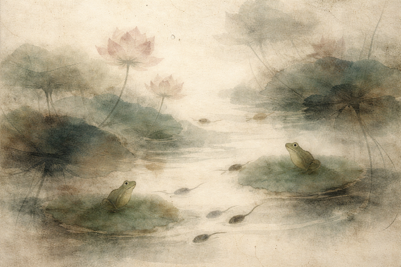 Frogs and tadpoles moving through a quiet pond with lotus flowers, symbolizing the unfolding stages of development and interdependence, reflecting the Buddhist teaching of the Twelve Links of Dependent Origination.