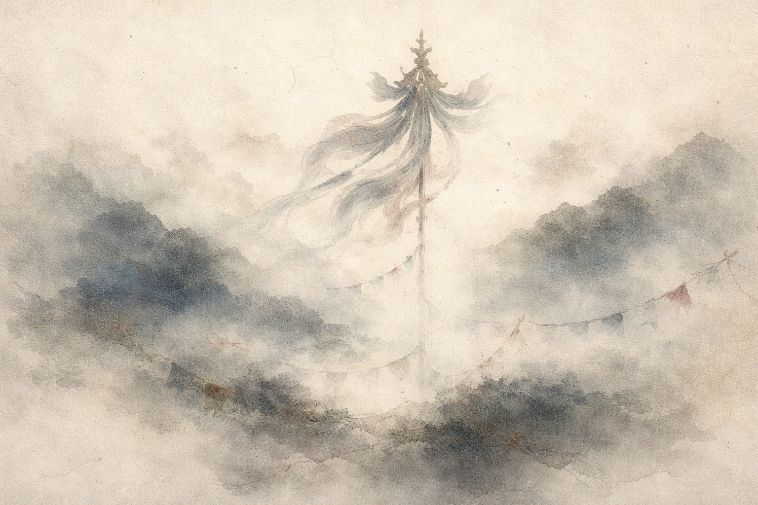 Traditional Buddhist victory banner rising above misty mountains with prayer flags, symbolizing triumph over ignorance and the attainment of wisdom in Buddhist teachings.