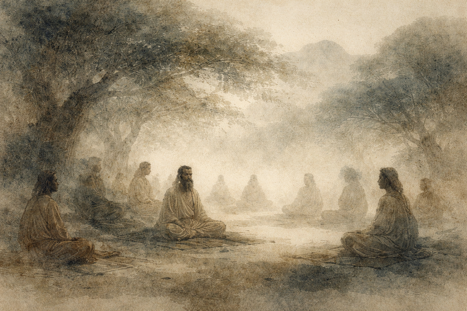A soft watercolor-style illustration of a group of practitioners seated in a circle beneath trees, meditating or chanting together in a quiet, misty setting, symbolizing shared presence, rhythm, and the inner transformation that unfolds through Buddhist chanting.